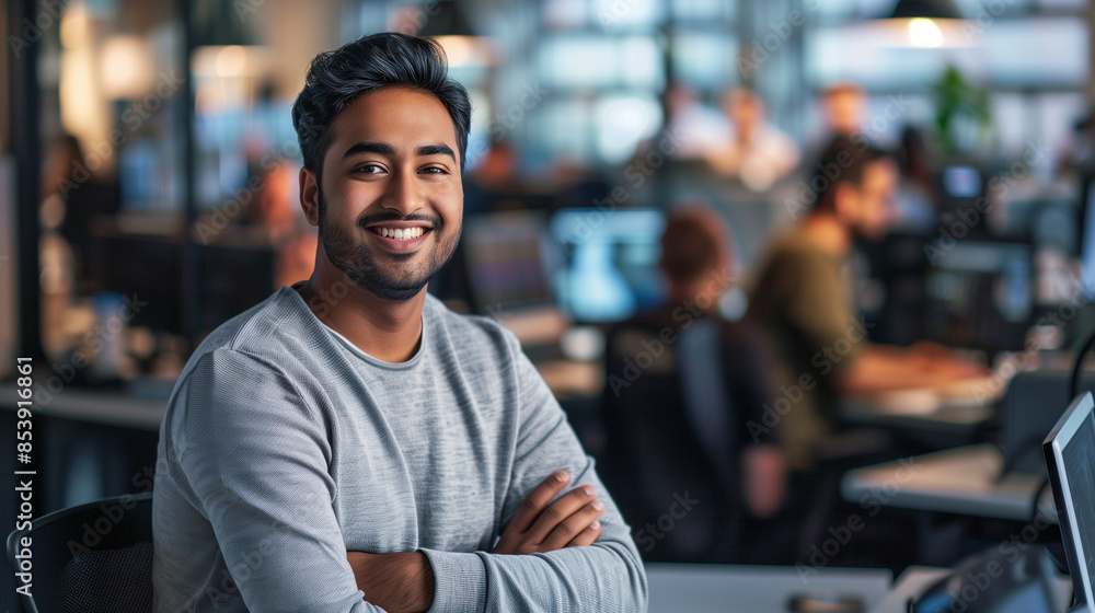 Smiling young man in a busy office environment with colleagues working Smiling young man in a busy office environment with colleagues working