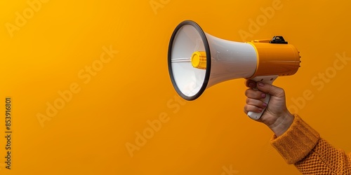 Hand holding megaphone on orange background photo