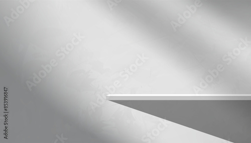 White Wall Concrete Background with Shadow,Light on Grey Shelf Display ,Empty Studio Room Shop with Podium Stage Stand on cement wall,Vector Minimal BackdropBanner  for Winter Product Present