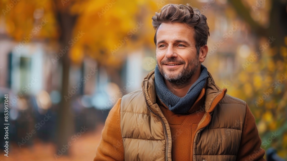 Portrait of a handsome man with trendy hairstyle and casual fall clothing, set against a blurred autumn background Portrait of a handsome man with trendy hairstyle and casual fall clothing, set against a blurred autumn background