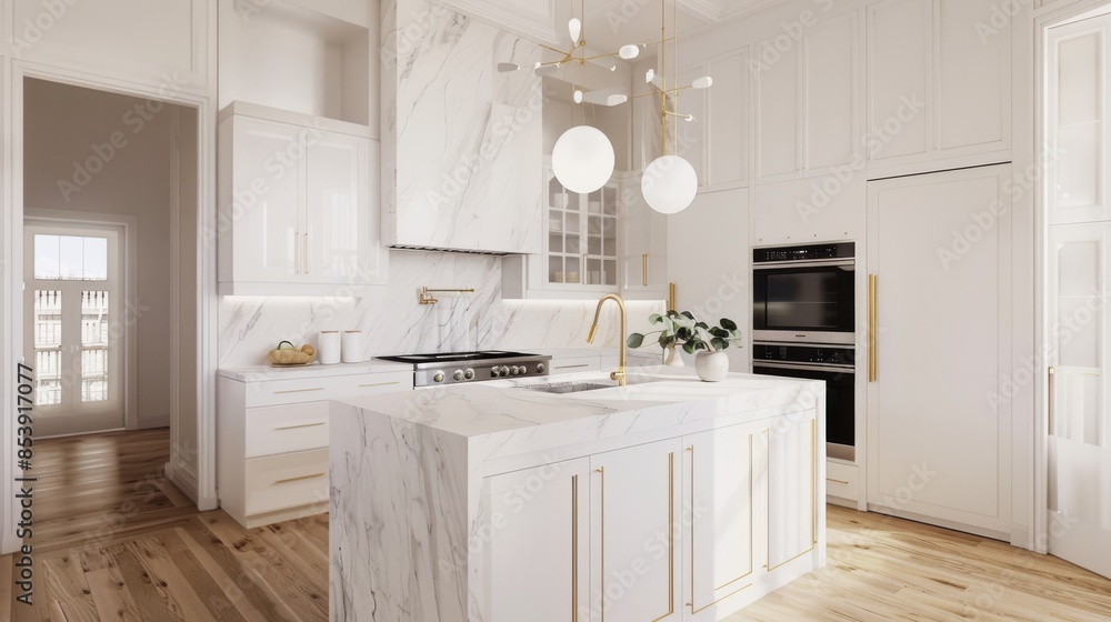Elegant neoclassical kitchen with white marble counters and modern appliances Elegant neoclassical kitchen with white marble counters and modern appliances