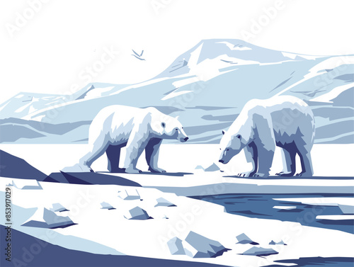 Arctic tundra with polar bears, very simple and isolate in the style of animated illustrations