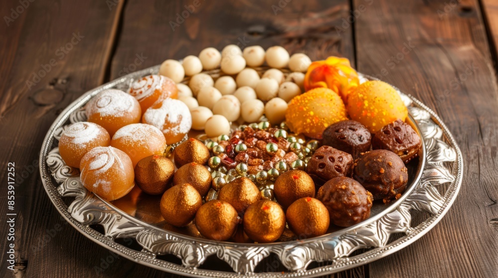 Traditional Indian sweets including ladoos, gulab jamun, and jalebi arranged on a decorative silver platter. Traditional Indian sweets including ladoos, gulab jamun, and jalebi arranged on a decorative silver platter.