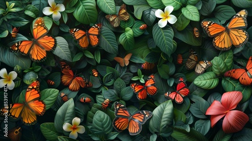 Insects in Rainforest: Depict a variety of insects in a lush rainforest setting, highlighting the biodiversity and vibrant environment. Leave space for text in the foliage. photo