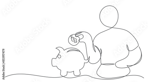 Piggy bank One line drawing on white background