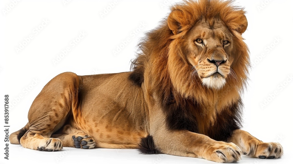 A powerful male lion with a full mane lies regally, staring intently in front of a clear white backdrop A powerful male lion with a full mane lies regally, staring intently in front of a clear white backdrop