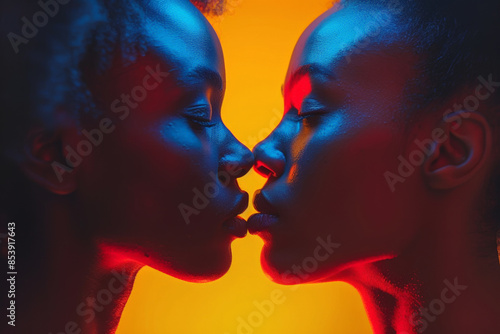 Two Black lesbian women embrace in a passionate kiss, bathed in red and blue light