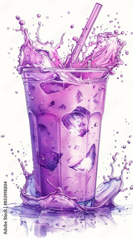 Blueberry milk, purple drink with ice in a glass on a white background. Summer refreshing drink. Blueberry milk, purple drink with ice in a glass on a white background. Summer refreshing drink.