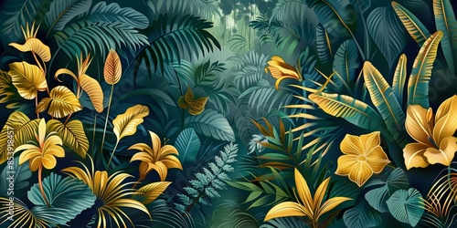 Wallpaper Mural Jungle wallpaper, Bright jungle with ferns and gold flowers mural art. Torontodigital.ca