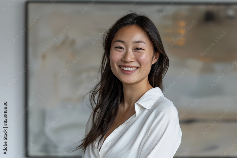Portrait of a satisfied asian woman in her 30s laughing while standing against modern minimalist interior Portrait of a satisfied asian woman in her 30s laughing while standing against modern minimalist interior