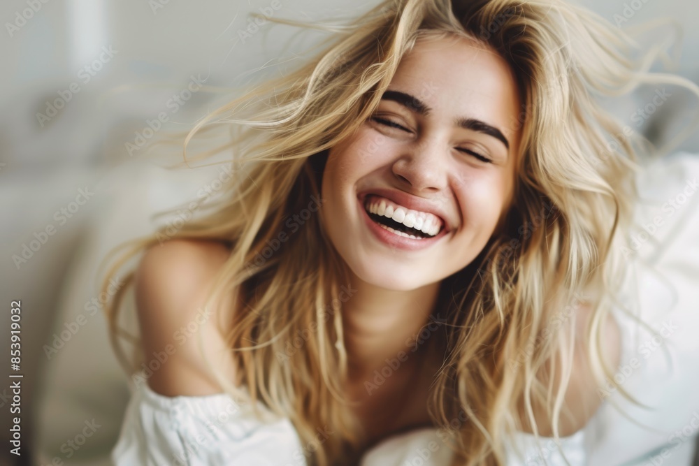 Portrait of a happy caucasian woman in her 30s laughing isolated on modern minimalist interior Portrait of a happy caucasian woman in her 30s laughing isolated on modern minimalist interior