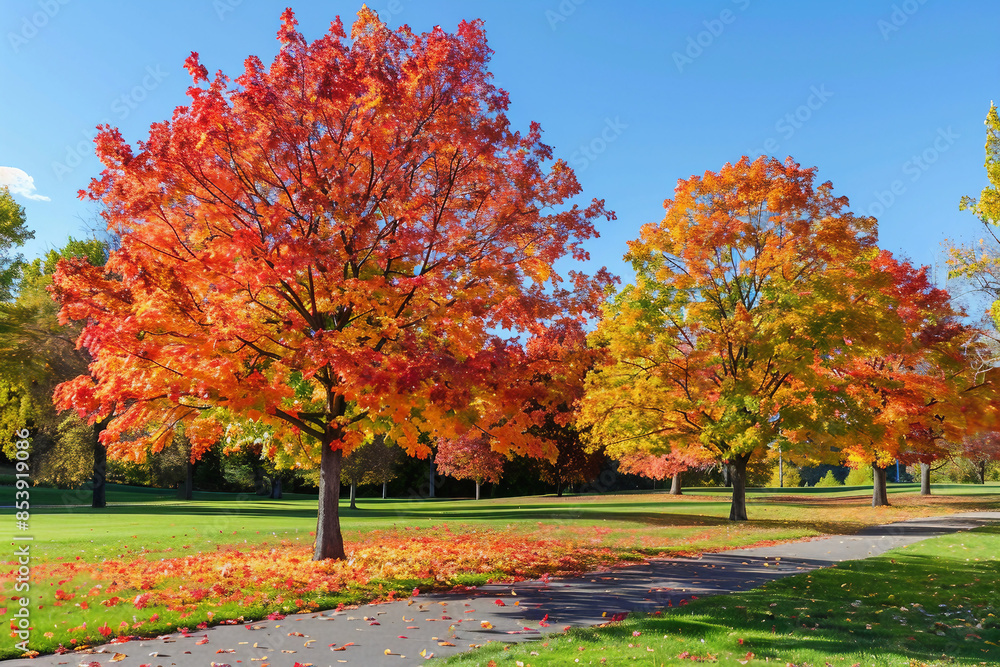 Naklejka premium Stunning Autumn Landscape full of fall trees, orange, red and yellow leaves
