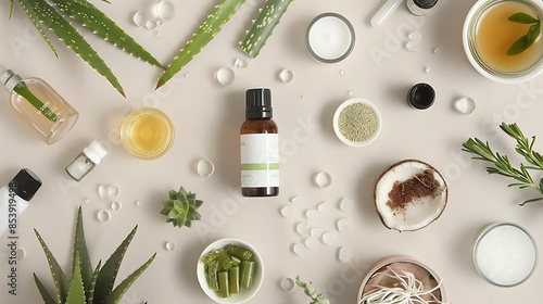 A flatlay of skincare products featuring natural ingredients like aloe vera, coconut oil, and essential oils, highlighting organic and eco-friendly beauty. 
