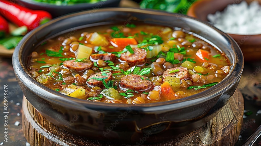 A close-up of a bowl of homemade lentil soup with chopped vegetables and slices of sausage, garnished with herbs A close-up of a bowl of homemade lentil soup with chopped vegetables and slices of sausage, garnished with herbs