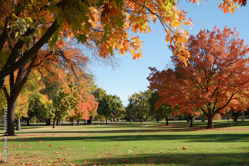 Naklejka premium Stunning Autumn Landscape full of fall trees, orange, red and yellow leaves