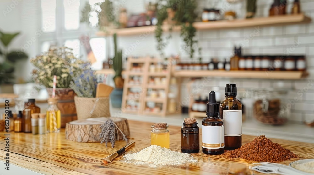 This image depicts a wooden countertop with various herbal remedies and cosmetic products in a modern apothecary setup This image depicts a wooden countertop with various herbal remedies and cosmetic products in a modern apothecary setup
