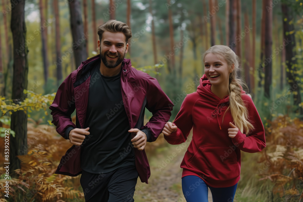 Couple running in forest enjoying nature Couple running in forest enjoying nature