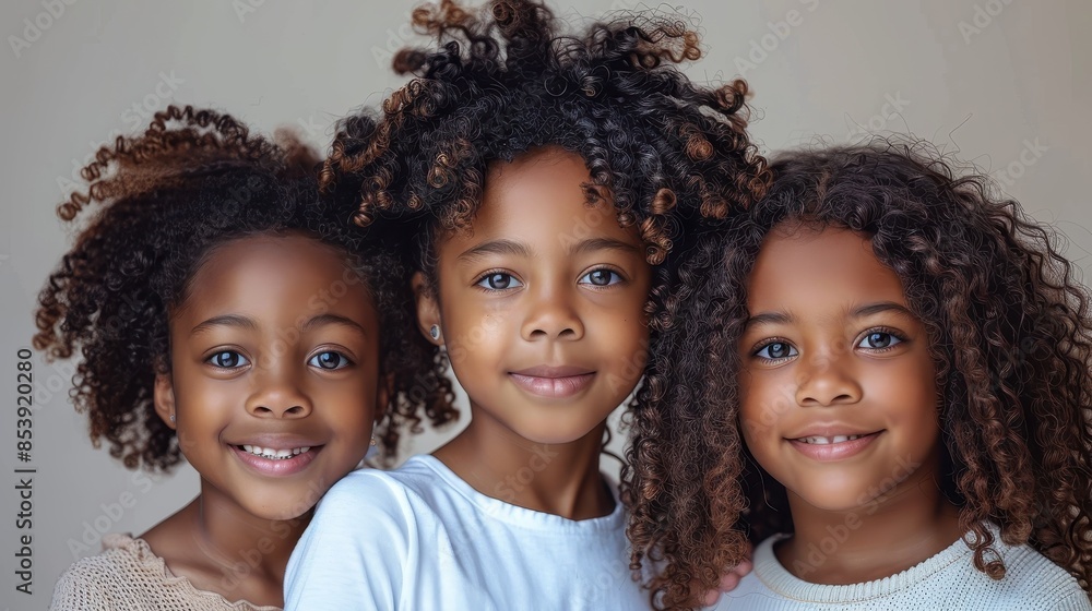 Three young girls with beautiful curly hair staring warmly into the camera, providing a comforting, joyful image Three young girls with beautiful curly hair staring warmly into the camera, providing a comforting, joyful image