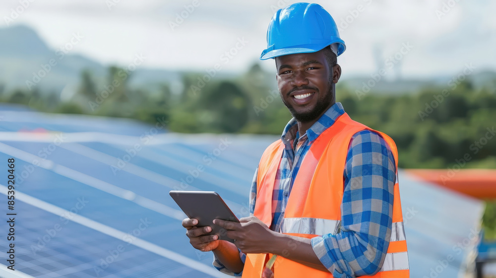 Smiling Engineer in Safety Gear Inspecting Solar Panels with Tablet Smiling Engineer in Safety Gear Inspecting Solar Panels with Tablet