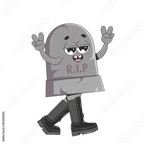 Retro groovy Halloween character. Gravestone in boots. Isolated vector illustration