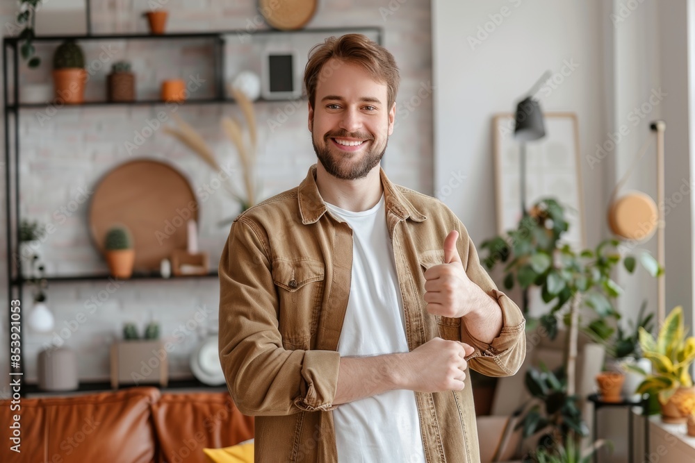 Portrait of a cheerful man in his 30s showing a thumb up in front of modern minimalist interior Portrait of a cheerful man in his 30s showing a thumb up in front of modern minimalist interior