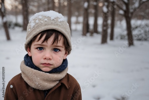 The sad little boy wearing a hat, scarf, and sweater feels frozen in the snow outside.