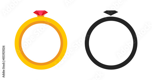 Ring diamond icon vector simple shape silhouette graphic pictogram illustration black white, gold wedding jewelry flat cartoon symbol with gemstone image clip art