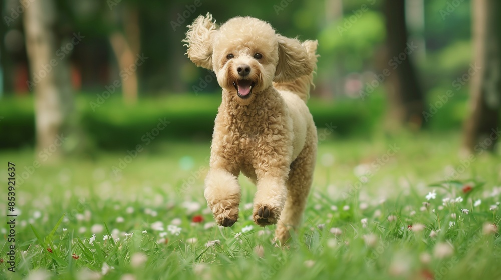 Poodle playing in the park: Happy Poodle running and playing in a green park. Poodle playing in the park: Happy Poodle running and playing in a green park.