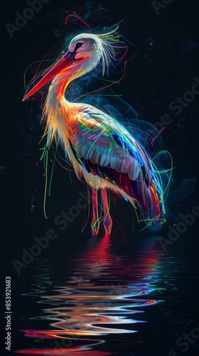 Creative Animal Concept: Abstract Stork with Graphic Highlighter Lines in Rainbow Neon Art Portrait Isolated on Dark Background, Perfect for Commercial, Editorial Advertising, Surrealism, Animal Parti photo