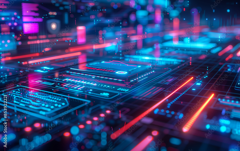 Futuristic Circuit Board with Glowing Neon Lights Futuristic Circuit Board with Glowing Neon Lights