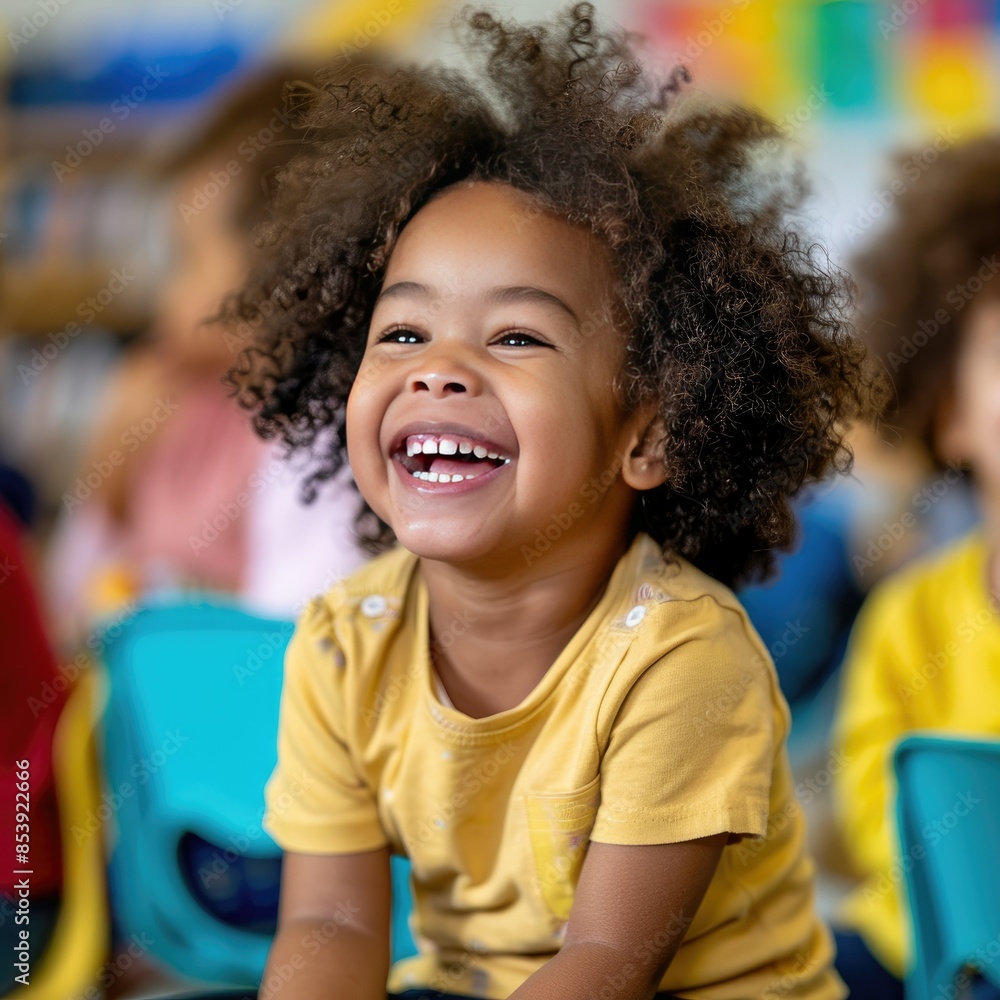Child smiling and laughing, engaged in a lively classroom discussion Child smiling and laughing, engaged in a lively classroom discussion
