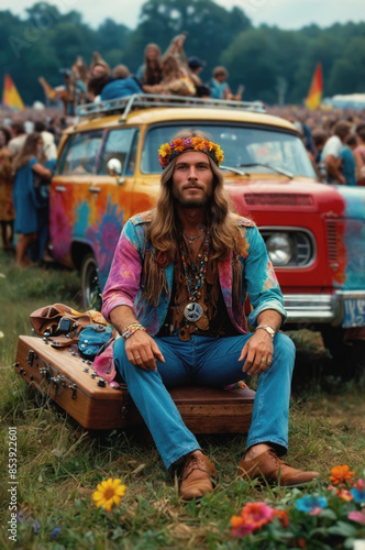 Young man in hippie clothing posing for a portrait at the music festival and art fair in 1969 photo