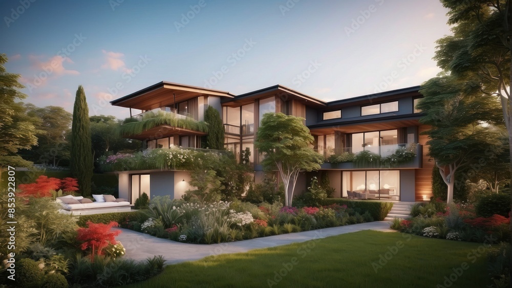 Modern large house surrounded by summer garden Modern large house surrounded by summer garden