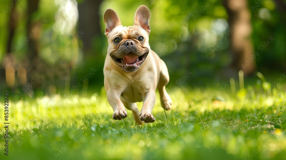 french bulldog playing in the park: Happy french bulldog running and playing in a green park. french bulldog playing in the park: Happy french bulldog running and playing in a green park.