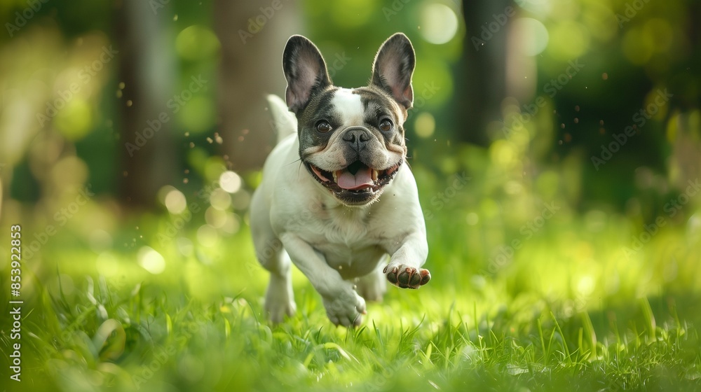 Fototapeta premium french bulldog playing in the park: Happy french bulldog running and playing in a green park.