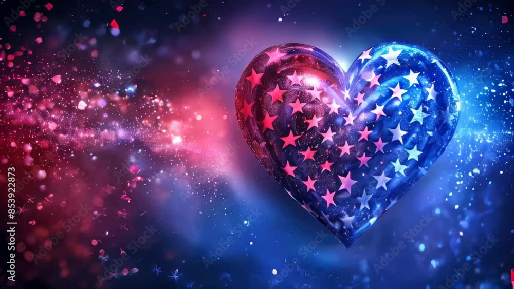 Star-patterned heart illuminated with blue and red glowing lights in vibrant, dreamy setting Star-patterned heart illuminated with blue and red glowing lights in vibrant, dreamy setting