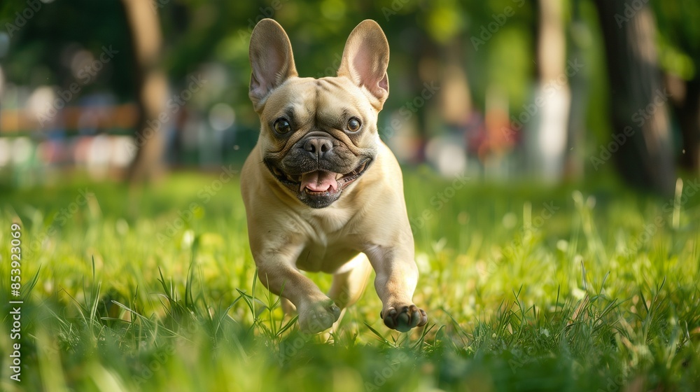 french bulldog playing in the park: Happy french bulldog running and playing in a green park. french bulldog playing in the park: Happy french bulldog running and playing in a green park.