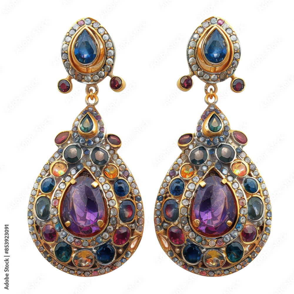 Elegant jeweled earrings with a teardrop design, featuring colorful gemstones and intricate details. Perfect for a luxurious and sophisticated look. Elegant jeweled earrings with a teardrop design, featuring colorful gemstones and intricate details. Perfect for a luxurious and sophisticated look.