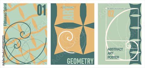 A set of minimalistic posters in vintage colors. Simple geometric shapes and lines (golden ratio spiral), with exemplary typography - modern print art design for branding, advertising, websites