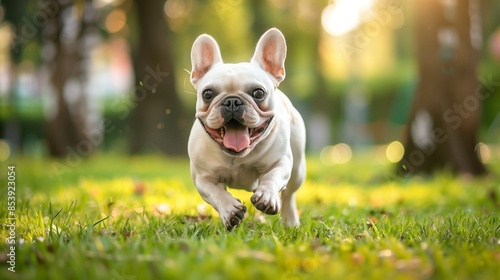 french bulldog playing in the park: Happy french bulldog running and playing in a green park.