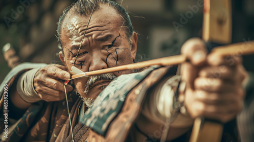 Samurai archer in traditional clothing aiming a yumi bow.


 photo