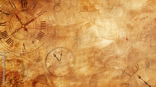 Antique Clocks on Vintage Paper Background