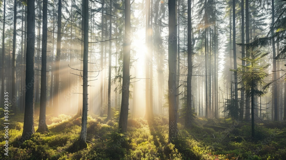 Fototapeta premium Close-up of sunlight filtering through misty forest trees, illuminating the tranquil woodland