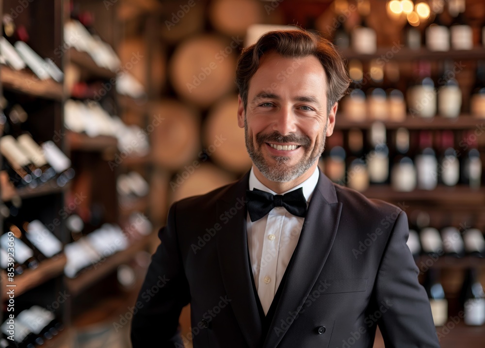 A Sommelier male wearing professional attire, standing in front of a wine cellar, smiling and looking into the camera A Sommelier male wearing professional attire, standing in front of a wine cellar, smiling and looking into the camera