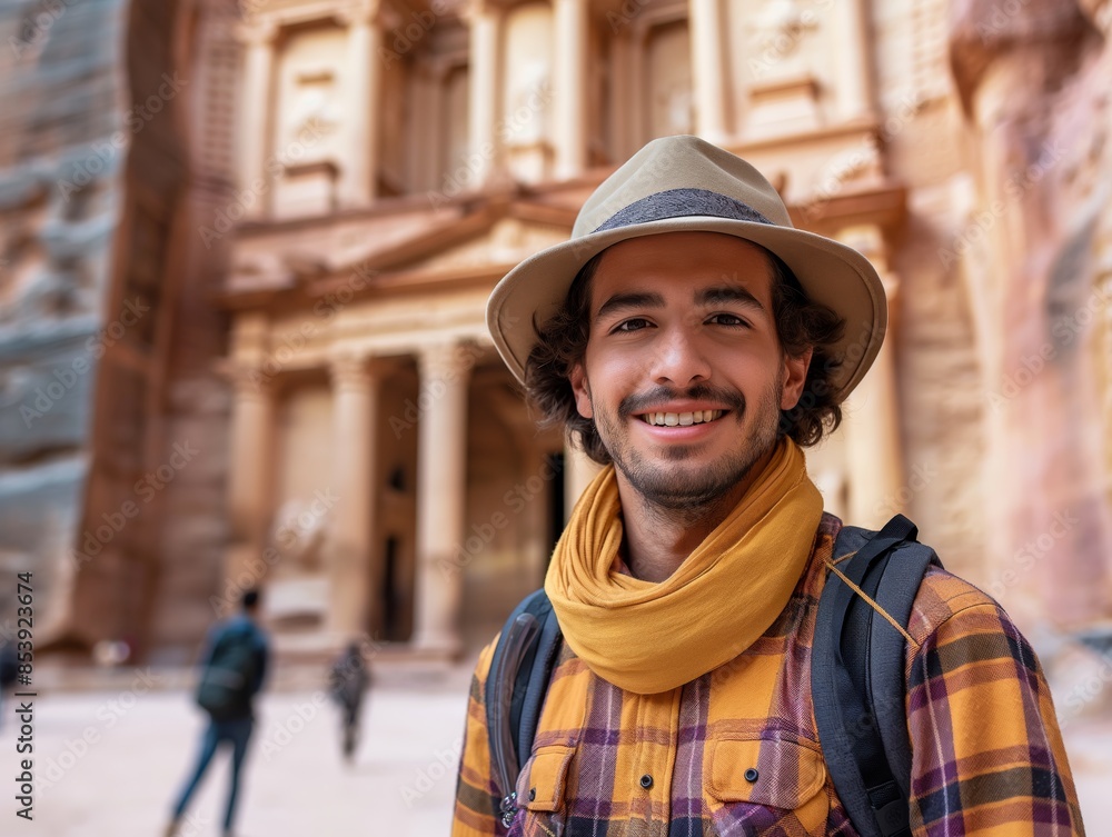 A Tour Guide male wearing casual attire, standing in front of tourist attraction, smiling and looking into the camera A Tour Guide male wearing casual attire, standing in front of tourist attraction, smiling and looking into the camera