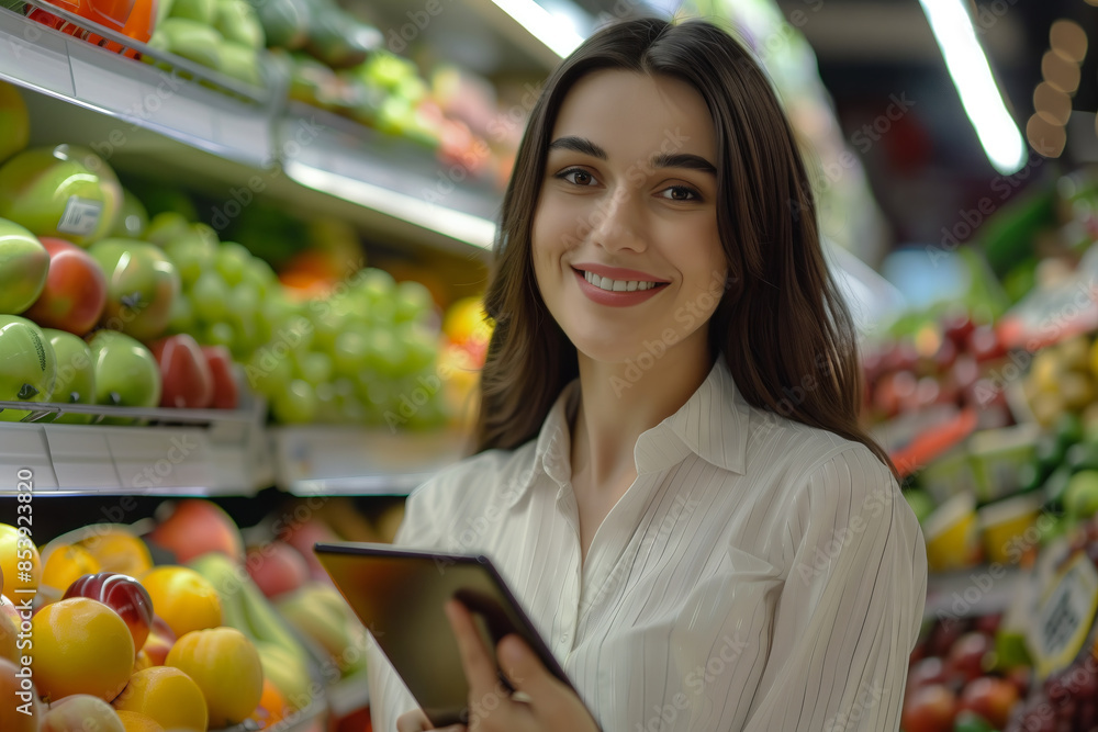 Smiling Woman Shopping in Grocery Store Smiling Woman Shopping in Grocery Store