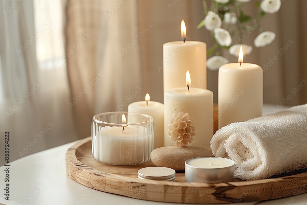Soothing candle spa relaxation setup with towels Soothing candle spa relaxation setup with towels