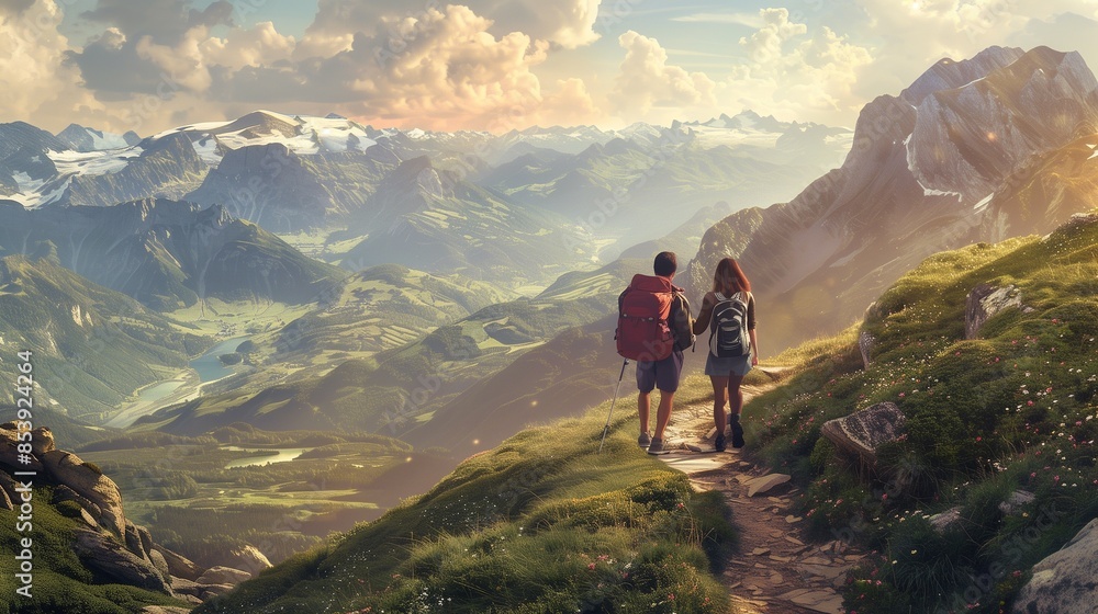 Obraz premium Couple hiking on a mountain trail: Adventurous couple hiking on a scenic mountain trail with breathtaking views.