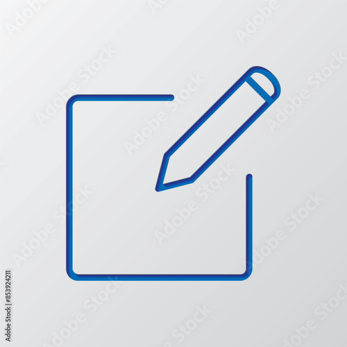 Edit simple icon vector. Flat design. Paper cut design. Cutted blue symbol with shadow. Gray background
