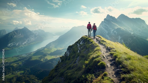 Couple hiking on a mountain trail: Adventurous couple hiking on a scenic mountain trail with breathtaking views.